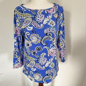 Talbots Womens Blue Floral Scoop Neck 3/4 Sleeve Paisley Sz L